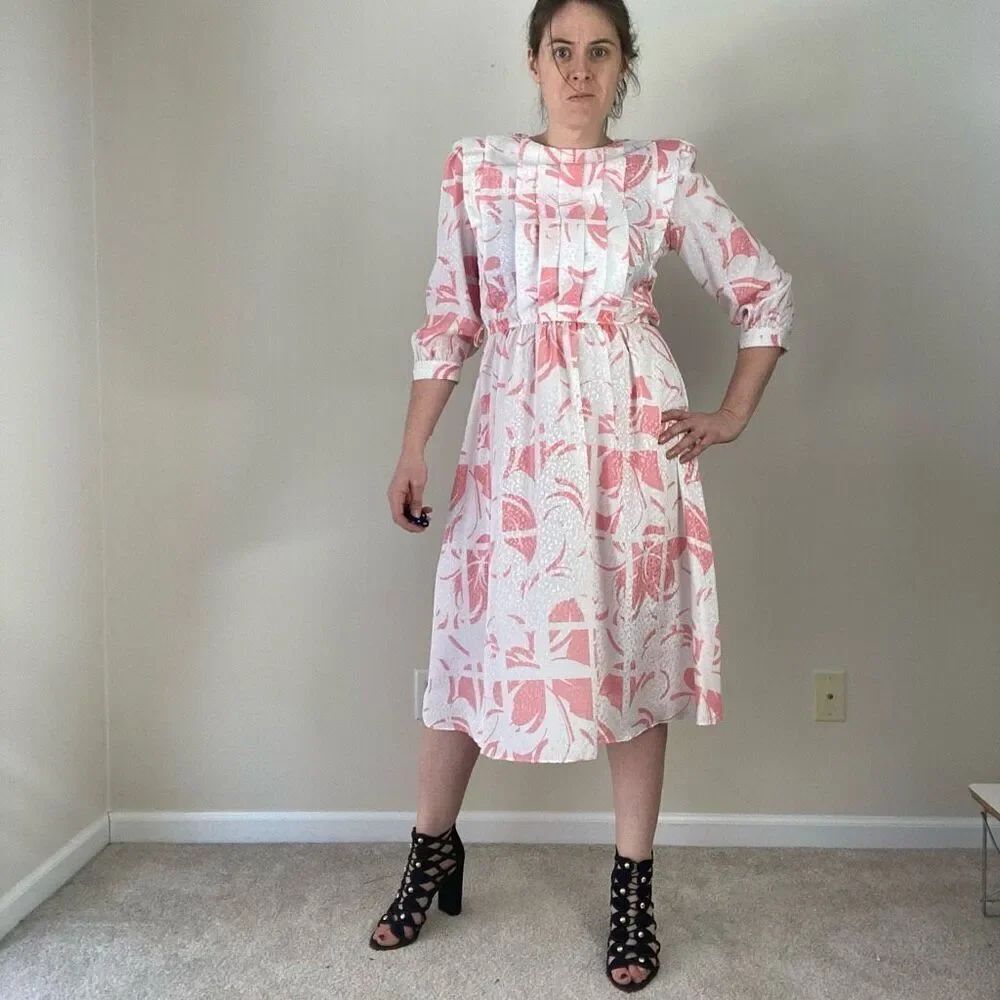 Vintage 80s Pink Secretary Dress w/ Belt | Golden Girls Costume, NWT Deadstock - Picture 5 of 12